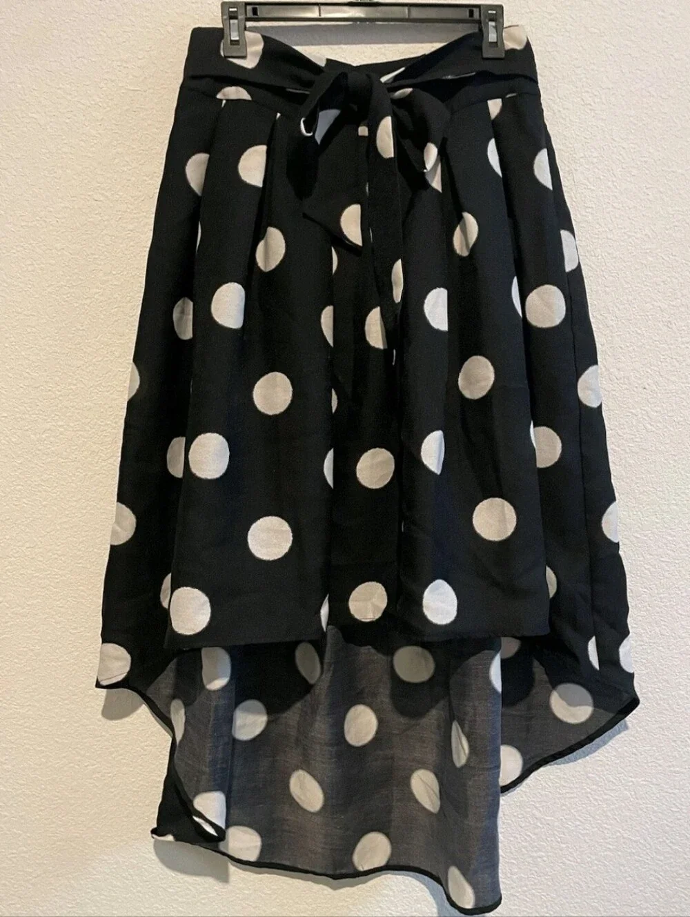 Ark n c. Black W/ White Polka Dots High-Low Hem Skirt Belted Midi Large